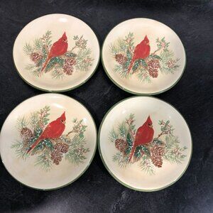 4 Pacific Rim Hand Painted Ceramic 8" Salad Plate Cardinal Pinecone Winter Holid
